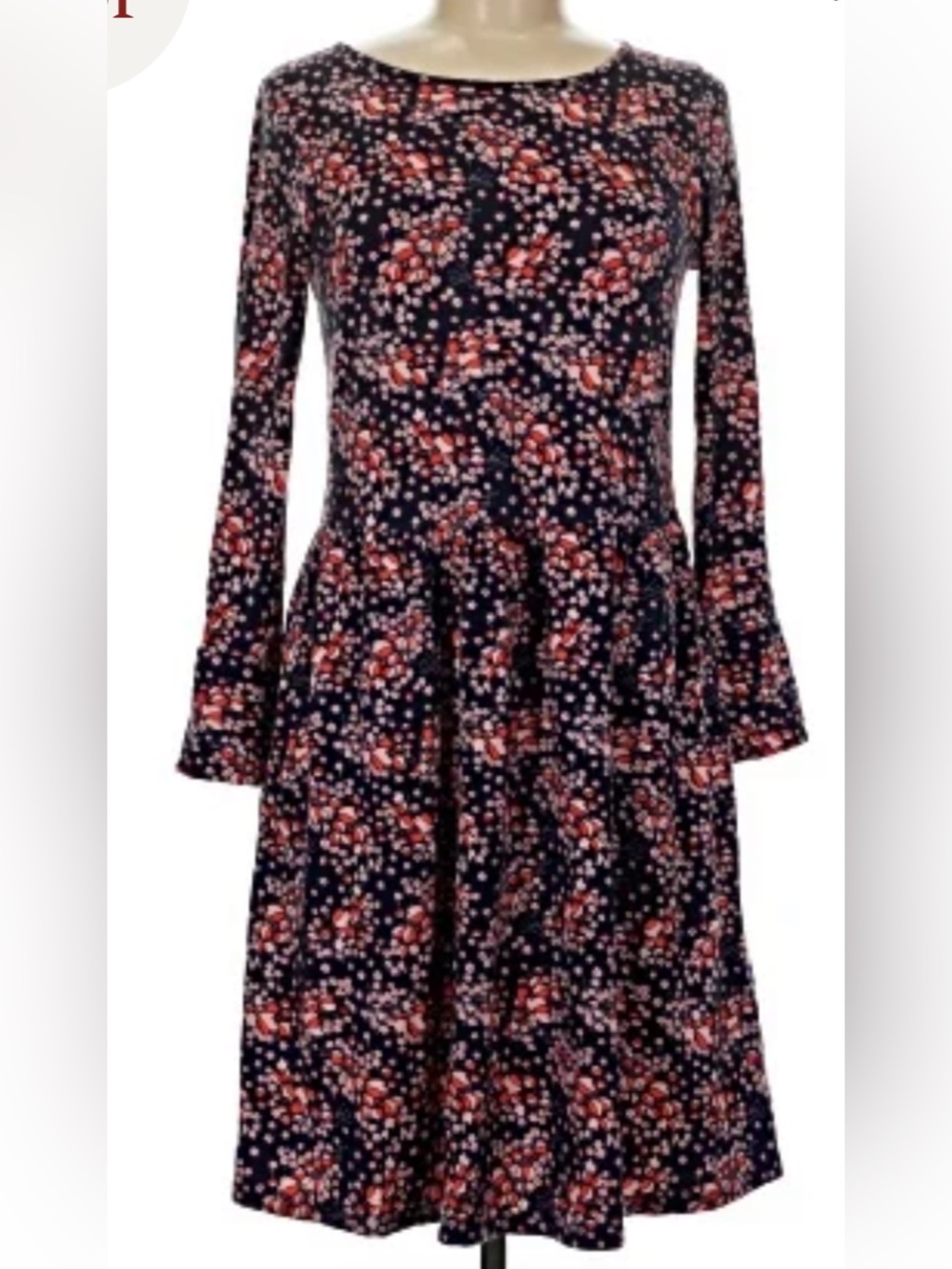 Boden Posie Dress; Navy with pink floral print and flared sleeves